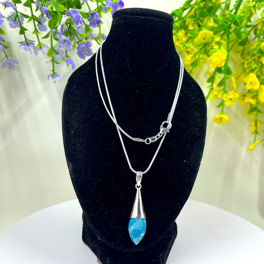 Sterling Silver Plated Bohemian Style Vintage Stone Teardrop Pendant Necklace